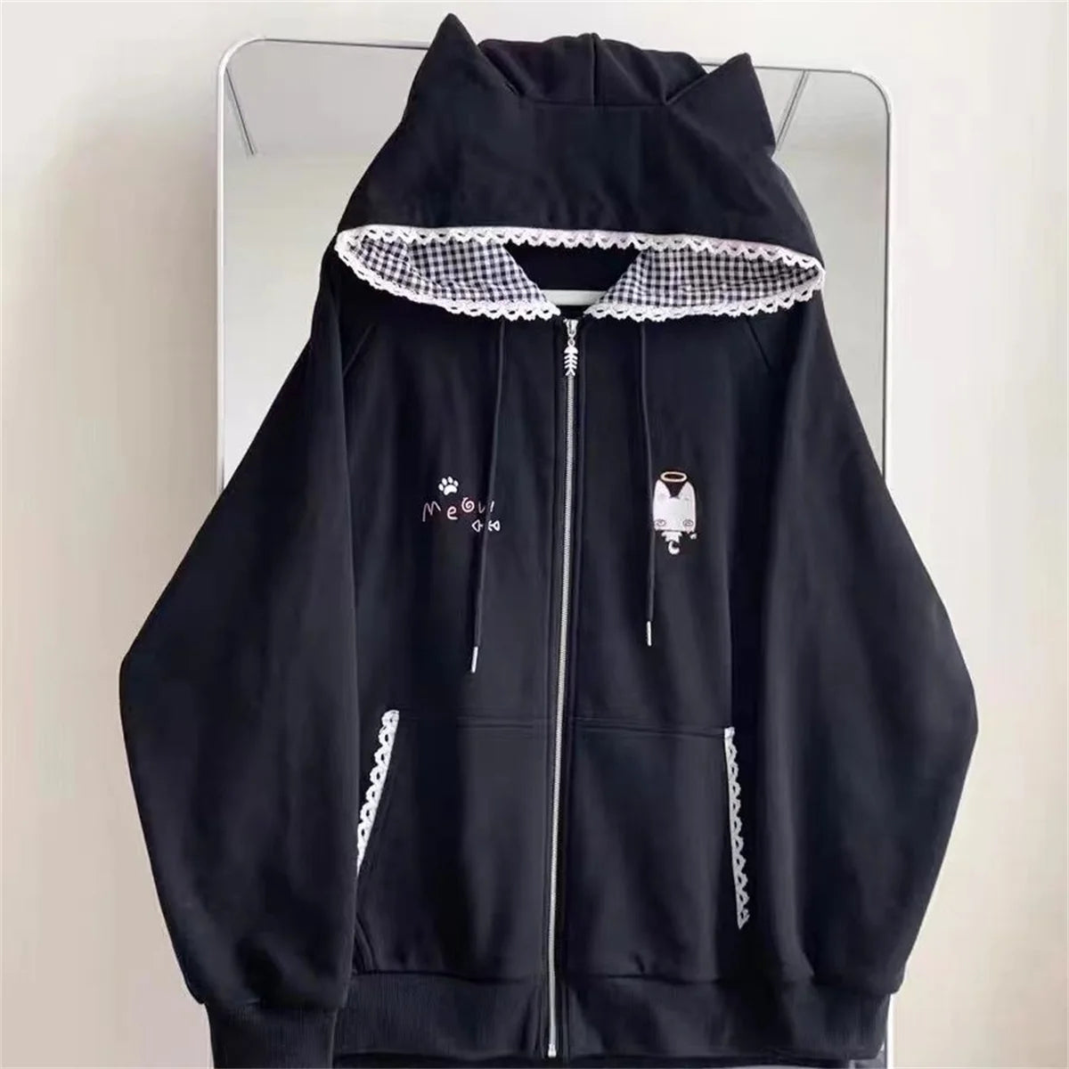Ropa Cute Hoodies Coats Cartoon Cute Cat Ear Print Hooded Sweatshirts Y2K Tops Women Clothing Casual Zipper Loose New Hoodie