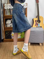 Spicy Girl Retro Amerikanische Fünf-Punkt-Denim-Shorts Damen Sommer Neue Lockere Design Schmale Gerade Weite Beinhosen Mittellange Hose