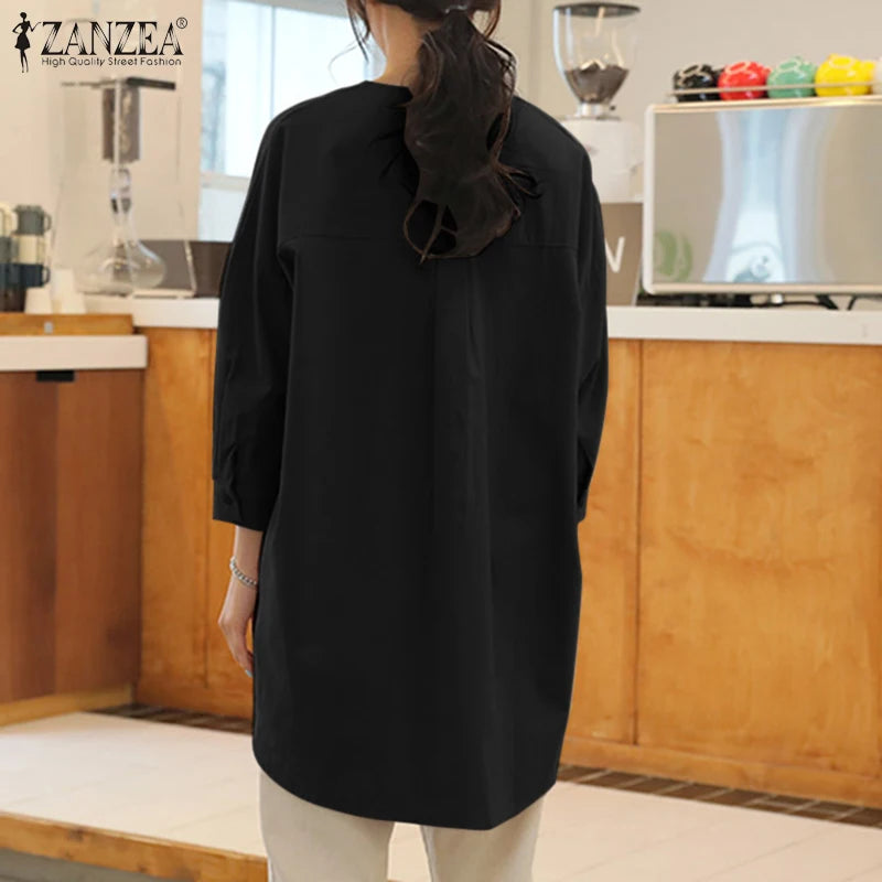 ZANZEA Mode Herbst Langarm Bluse Damen Weites Hemd Elegant Einfarbig OL Arbeitsplatten Lässig Locker Urlaub Arbeit Blusen Damen