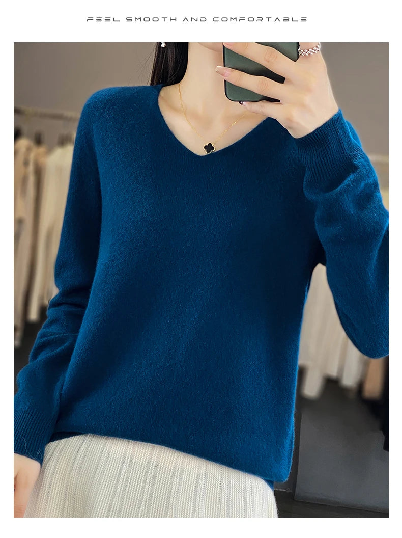 Damen 100% Merinowolle Pullover V-Ausschnitt Basic Pulli Herbst Winter Kaschmir Kleidung Langarm Weiche Strickware Oberteile Unifarben