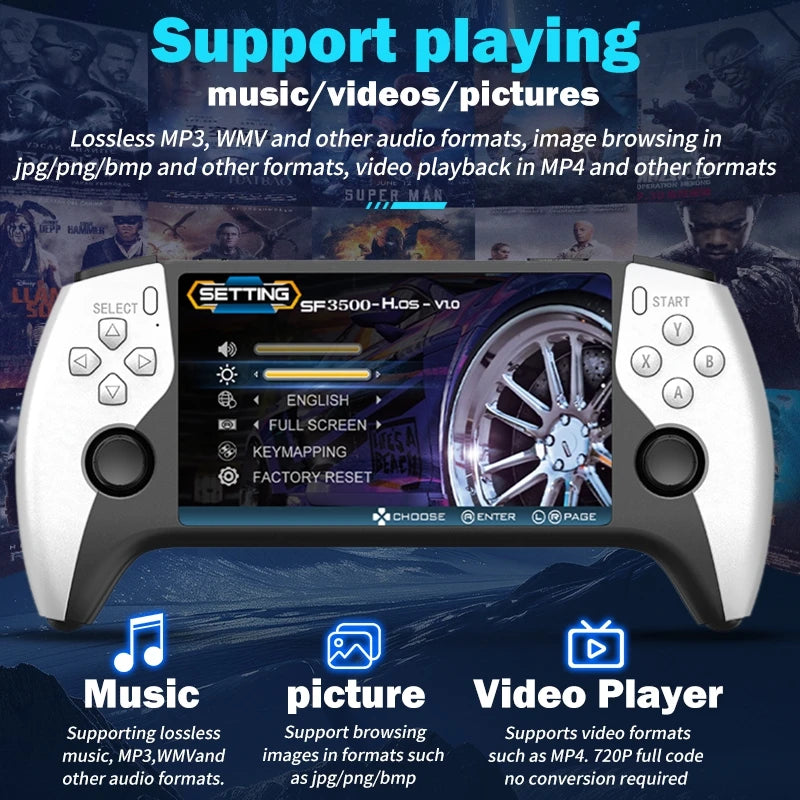 SF3500 Retro Handheld Videospielkonsole Linux System 5,0 Zoll 854*480 IPS Bildschirm 3000mAh Tragbarer Pocket Video Player Spiele
