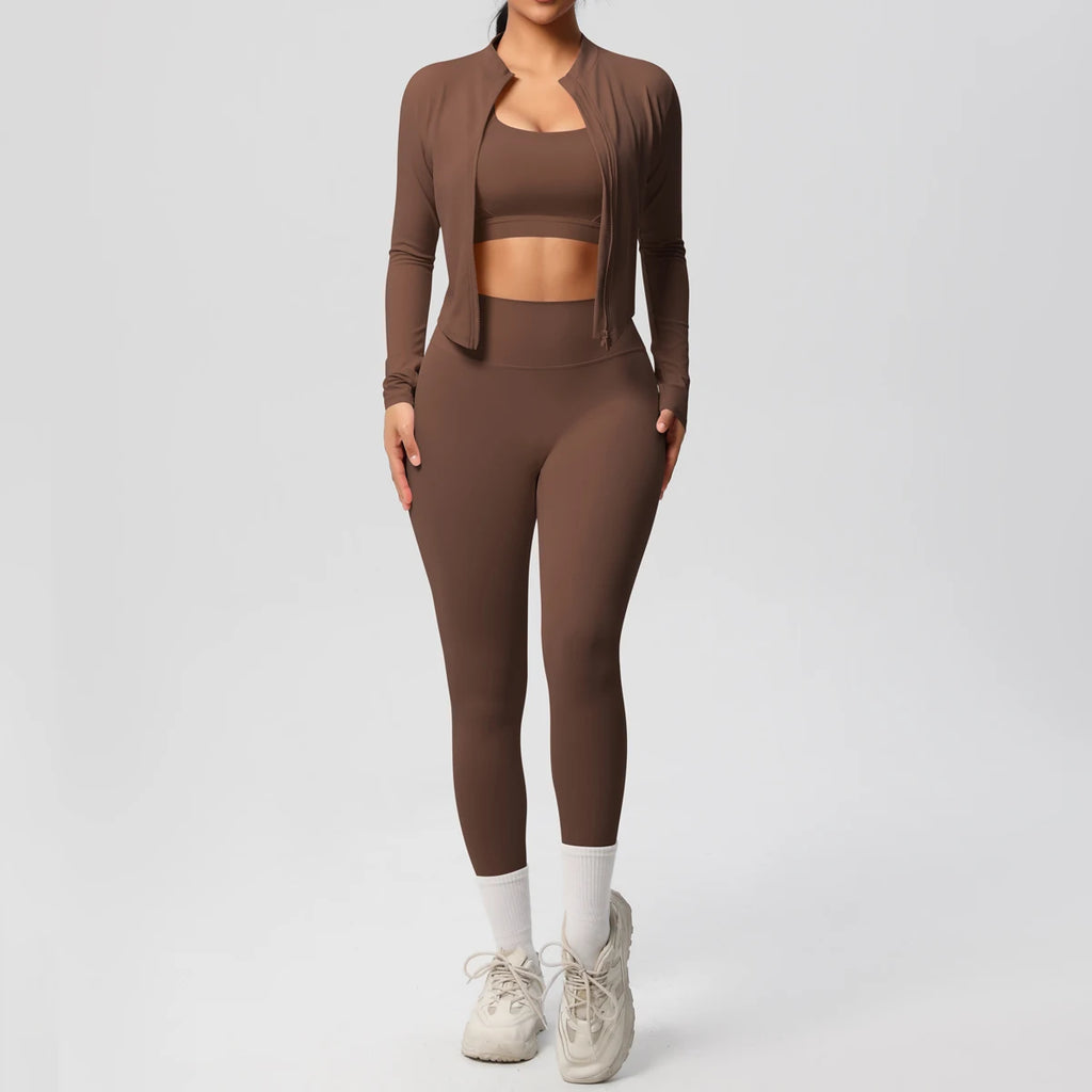 3-teiliges Sportbekleidung Yoga-Set Gym Sport-BH Reißverschlussjacke Leggings Kleidung Sportbekleidung Yoga-Anzüge für Damen Fitness-Set Trainingsanzug