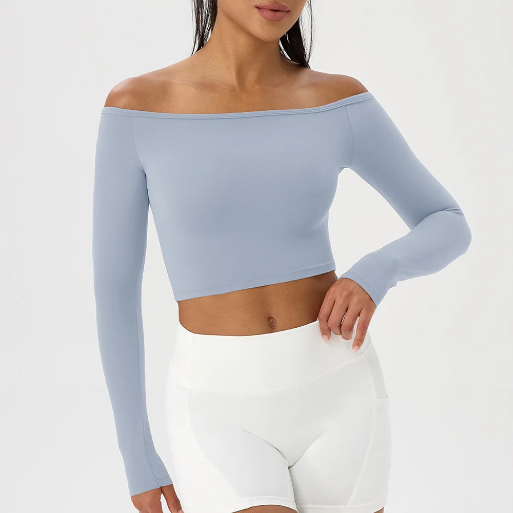 Yoga Langarm T-Shirt Damen Ein-Schulter Sexy Eng Anliegende Fitness-Oberteile Nude-Feel Schnelltrocknendes Sport Langarm Yoga Shirts