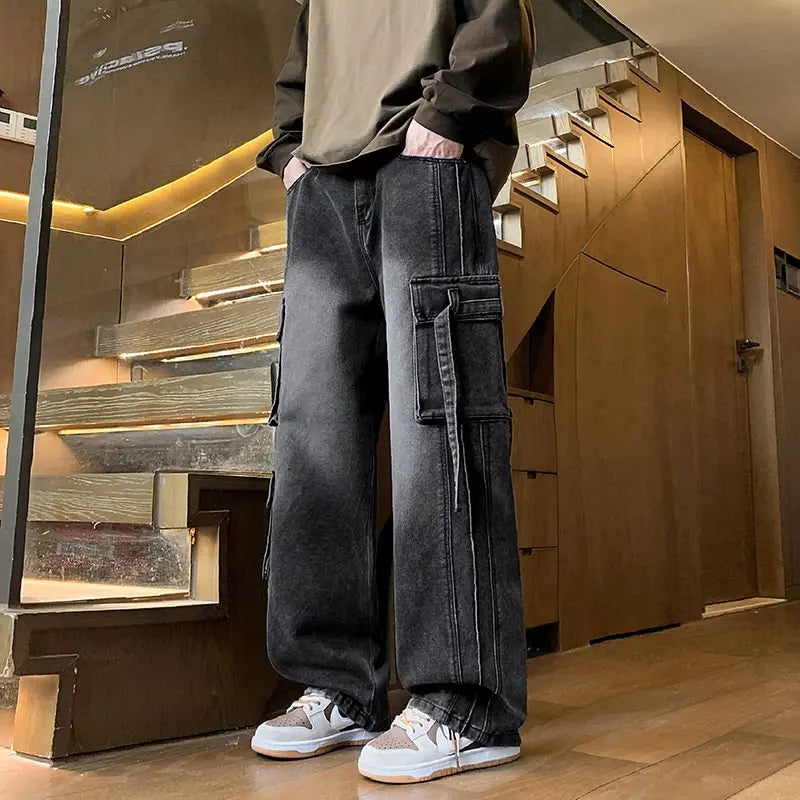 Herren-Loose-Jeans für den Herbst, Multi-Pocket-Arbeitsjeans, Street-Hip-Hop-Gerade-Wide-Leg-Hose, Baggy-Dance-Hose Zweitbild