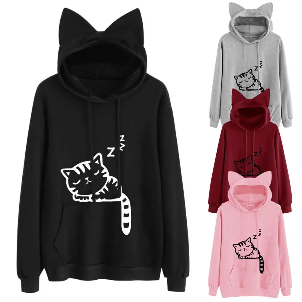 Long Sleeve Hoodies Sweatshirt For Women Cute Cat Print and Ear Kangaroo Pocket Drawstring Hooded Jogger Pullover Tops Main image