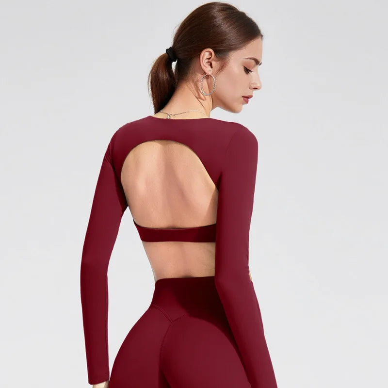 NCLAGEN Sport-Oberteile Gym Damen Fitness T-Shirt Langarm Offener Rücken Pilates Yoga Gepolstertes Crop Top Laufen Workout Fitness Bluse