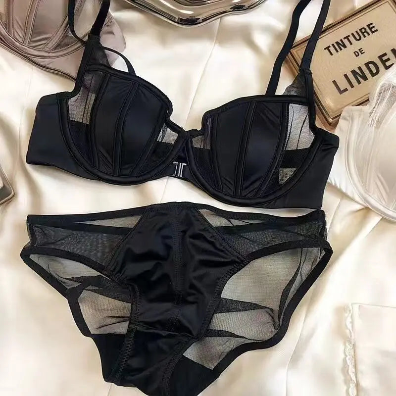 Vorderer Schnallen-Push-up-BH für Damen Dessous-Set Sexy Satin-Mesh Halb-Cup Kabelloser Lift-BH-Set mit verstellbaren Trägern Größe S-XL