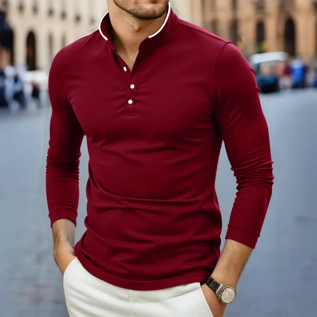 Herren T-Shirt mit Stehkragen, langärmelig, einfarbig, lässig und modisch, vielseitig und bequem, Sommer 2025