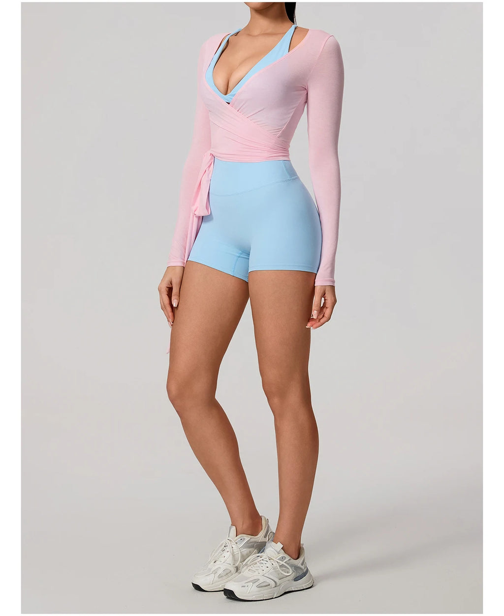 Neue Sommer Damen Yoga Langarm Einteiler Träger Yoga Kleidung Weibliches Training Premium Ballett WickeloberteileFrauen Fitness Sport Top