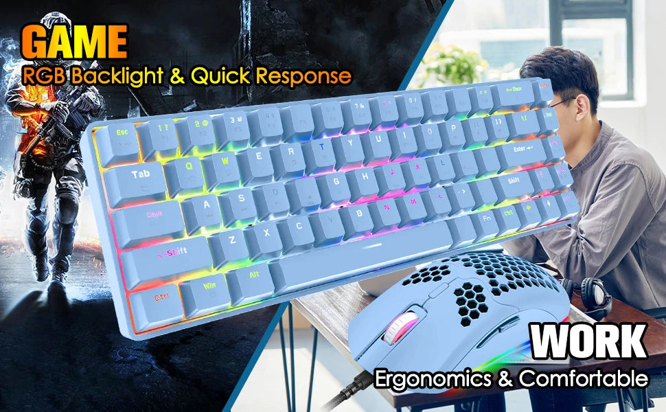 65 % kabelgebundenes mechanisches Gaming-Tastatur- und Maus-Combo, Mini-Tastatur mit 68 Tasten, RGB-Hintergrundbeleuchtung, leichte optische RGB-Wabenmaus
