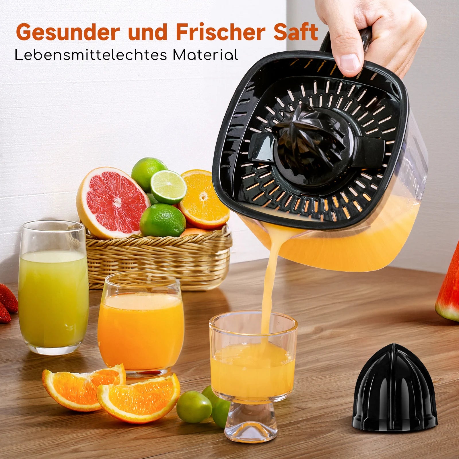 Aigostar Elektrische Zitruspresse, 1,2L große Saftpresse mit LED-Arbeitslicht und 2 abnehmbaren Kegeln, Zitronenpresse für Orangen