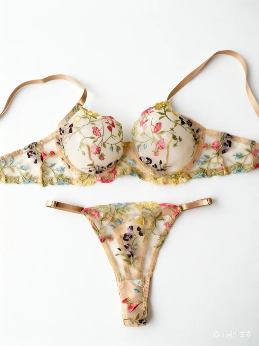 Yimunancy Blumenstickerei Dessous-Set Damen transparentes 2-teiliges Boho-BH + Höschen Unterwäsche-Set Intimates Hauptbild