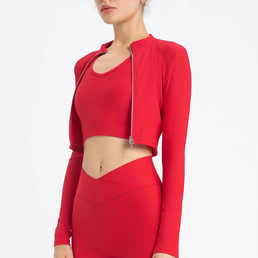3-teiliges Trainingsanzug-Set – Jacke + Push-up-Sport-BH + High-Waist-Leggings, Activewear für Fitnessstudio, Training, Yoga, Fitness für Damen
