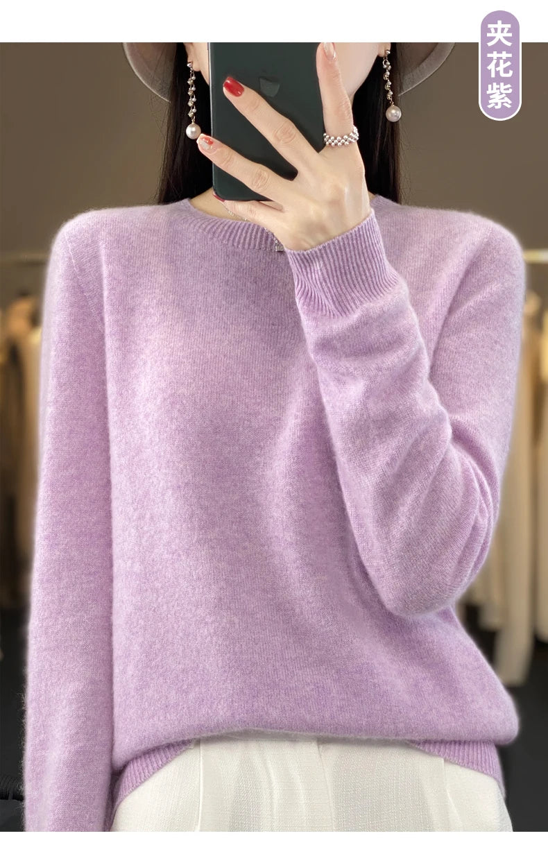 100 % Merinowolle Pullover Damen O-Ausschnitt Kaschmir Strickwaren Female Pullover Herbst Winter Freizeit Oberteile Einfarbig Weiche Kleidung