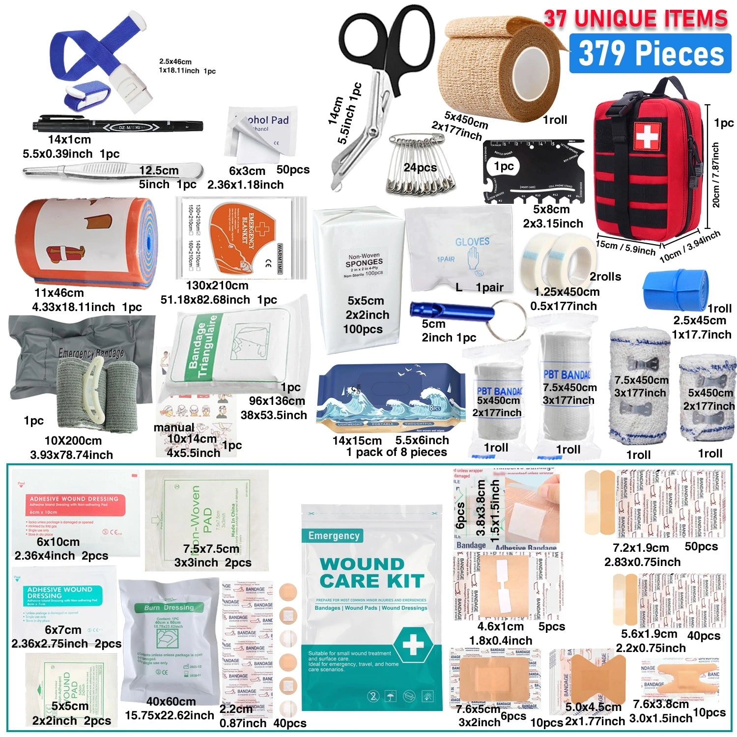 379-teiliges Erste-Hilfe-Set für Zuhause und Büro, tragbare Notfalltasche, rotes Survival-Handgepäck für Outdoor-Aktivitäten, Camping, Jagd, Wandern