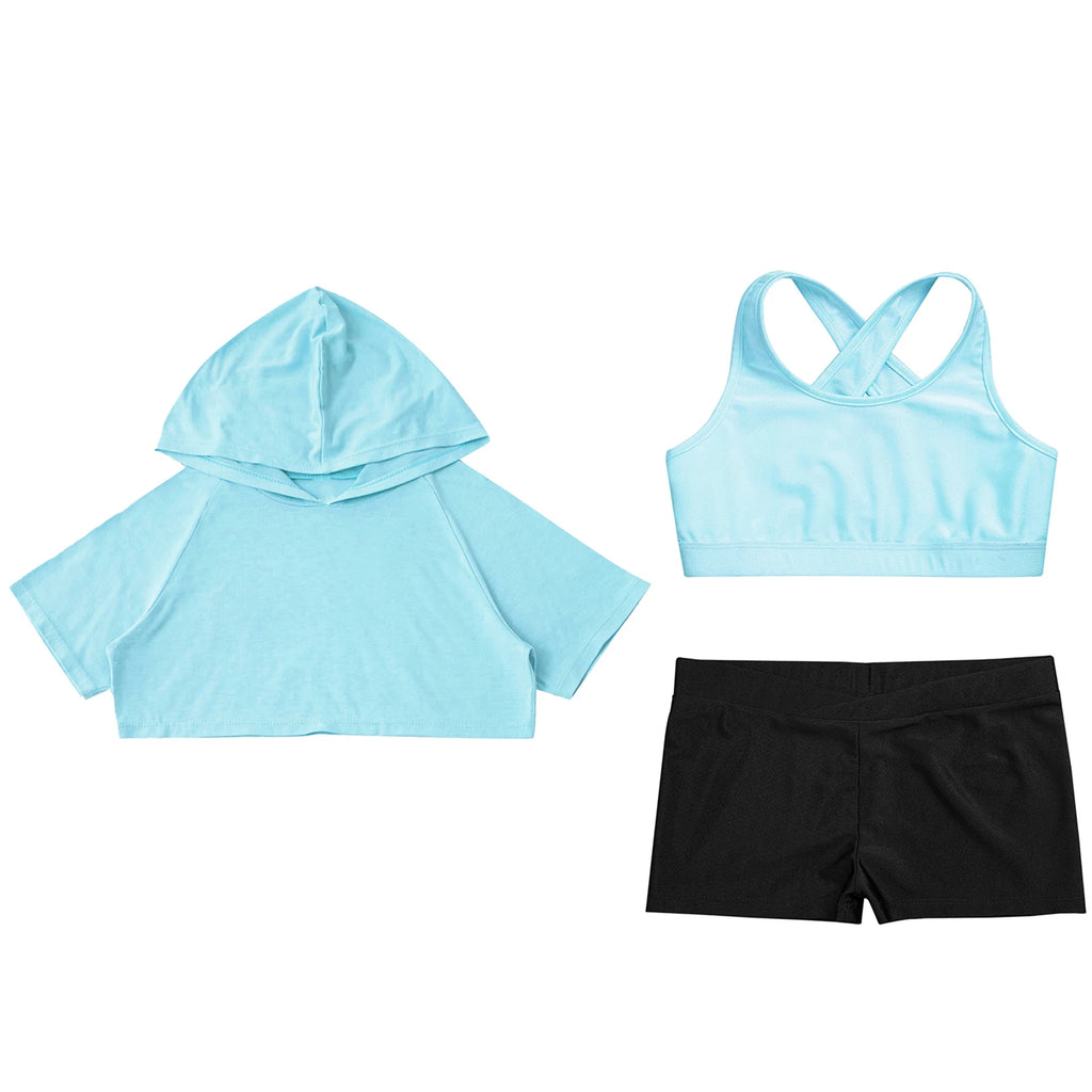 3Pcs Girls Sports Set Vest+Hooded Crop Top+Shorts Sportswear Set for Child Dance Yoga Running Cycling Workout Costume Activewear