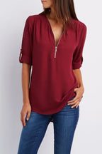 2024 Qualität Heißer Verkauf Plus Size Tiefer V-Ausschnitt Damenbluse Chiffon Coole lockere Hemd Mode Freizeit Damen Tops Sexy Reißverschluss Pullover
