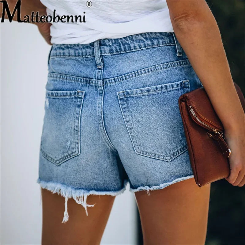2024 Sommer neue Damen Ripped Repaired Denim Shorts Hohe Taille Bodycon Distressed Hole Bottoms Lässige Taschen Sexy Kurze Jeans Zweitbild