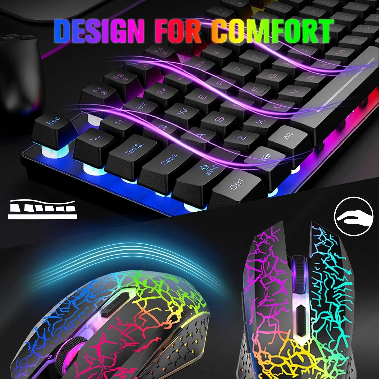 T87 Kabellose Tastatur-Maus-Set, Regenbogen-Hintergrundbeleuchtung, wiederaufladbare 2,4G Gaming-Tastatur, 2400 DPI Optische Gaming-Maus mit Mauspad