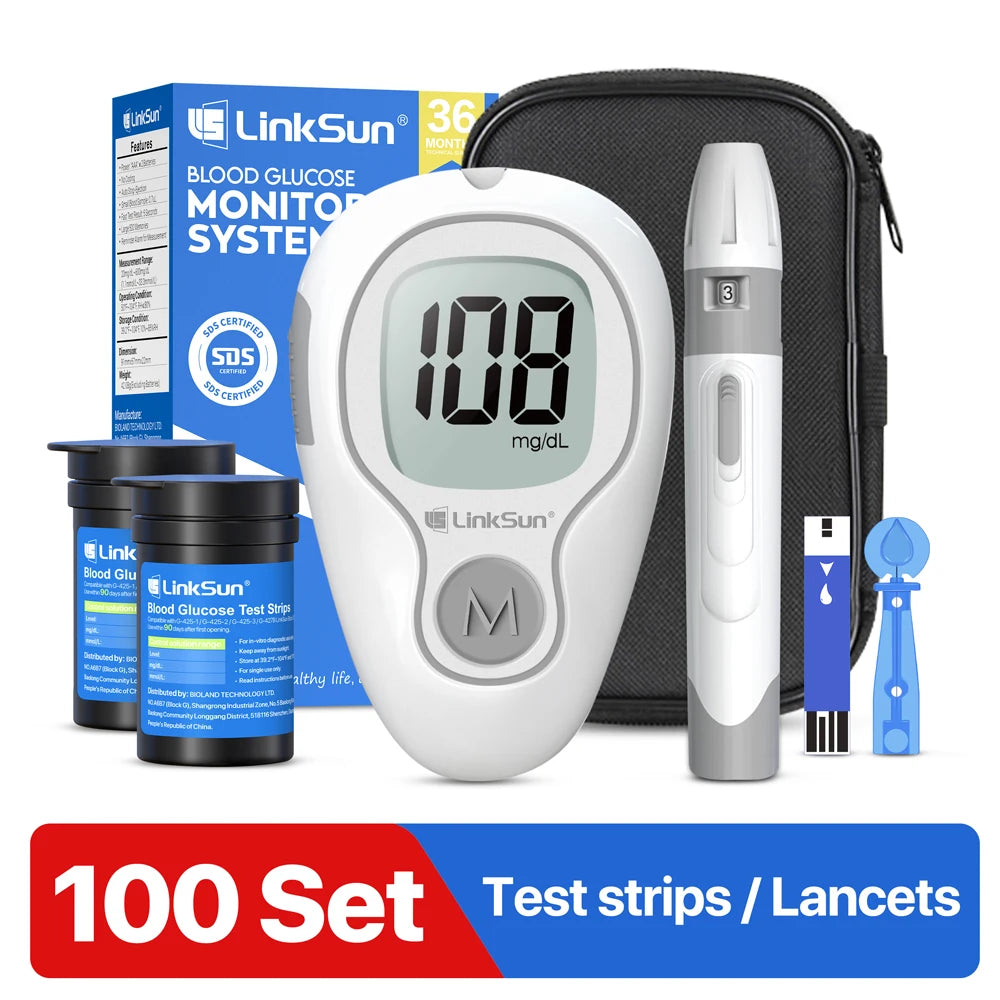 LinkSun Blutzuckermessgerät G-425-3 Glukometer ohne Codierung für Diabetestest 10/50/100 Teststreifen Lanzetten Medizinischer Blutzucker mg/mmol