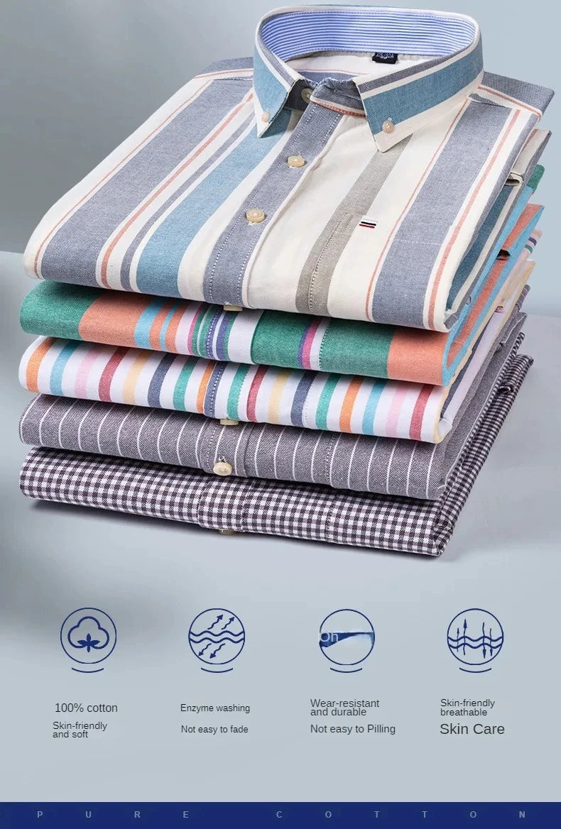100 % Baumwolle Oxford Herrenhemden Langarm Kariert Weich Regular Fit Festliches Hemd Tasche Sozial Bluse Herrenkleidung S-7XL