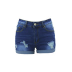 Kurze Jeansshorts mit mittlerer Taille und Rissen. Bequeme kurze Jeans im neuen Stil personalisierter Streetfashion für Damen im Sommer