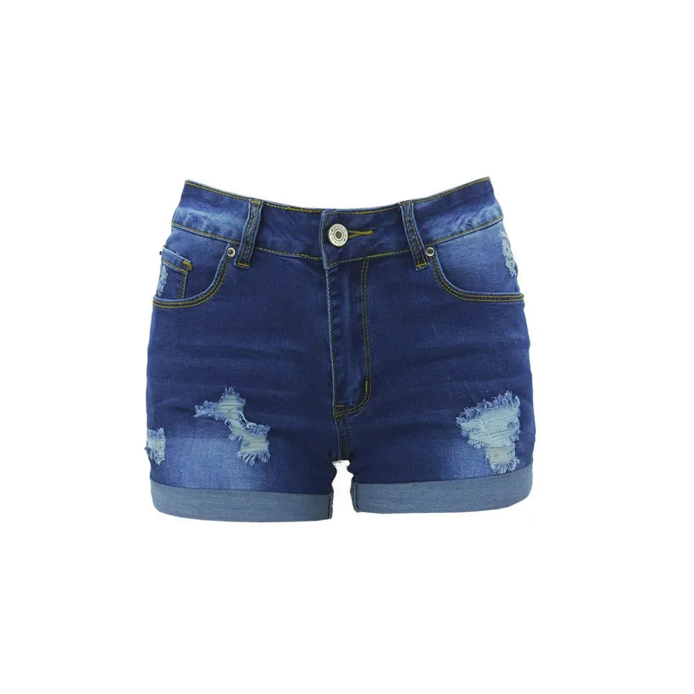 Kurze Jeansshorts mit mittlerer Taille und Rissen. Bequeme kurze Jeans im neuen Stil personalisierter Streetfashion für Damen im Sommer
