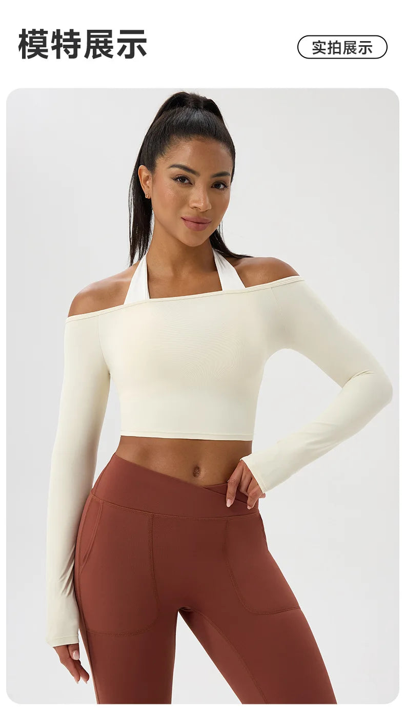 Yoga Langarm T-Shirt Damen Ein-Schulter Sexy Eng Anliegende Fitness-Oberteile Nude-Feel Schnelltrocknendes Sport Langarm Yoga Shirts