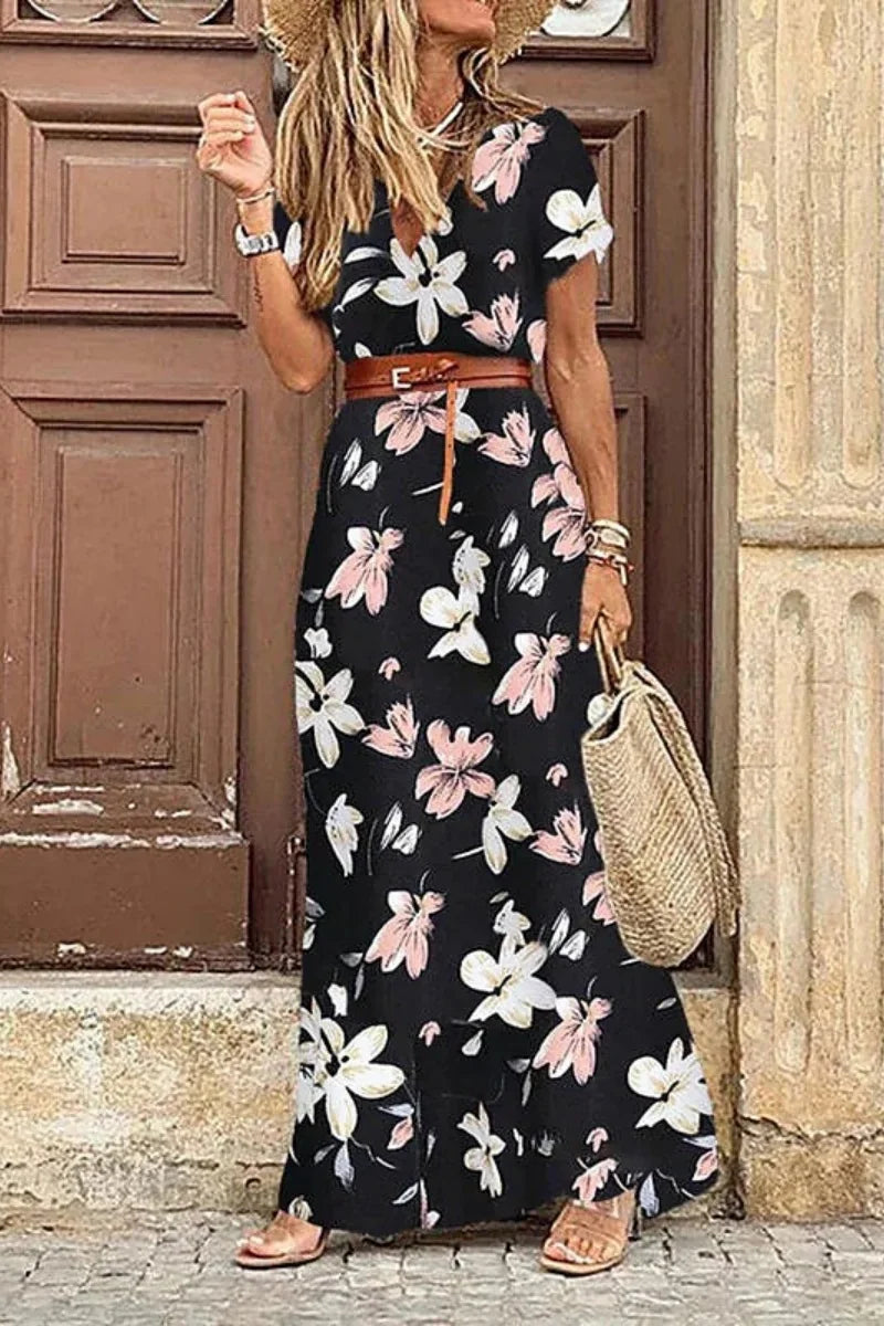 Elegantes florales plissiertes Midikleid in H-Form für Damen, V-Ausschnitt, Puffärmel, geraffte Taille, Knopfleiste, Damen-Sommerkleid, Robe