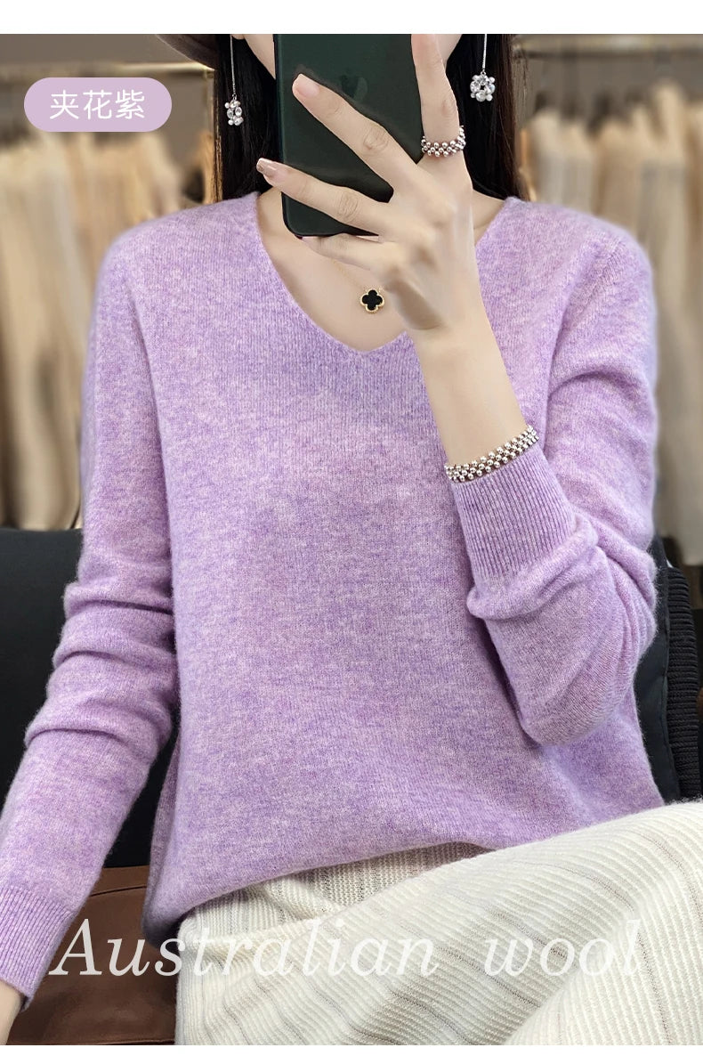 Damen 100% Merinowolle Pullover V-Ausschnitt Basic Pulli Herbst Winter Kaschmir Kleidung Langarm Weiche Strickware Oberteile Unifarben