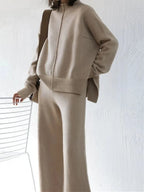 Damen beiges Oversize-Strick-Zweiteiler-Set mit Half-Zip Pullover und weiter Hose, lässige Loungewear