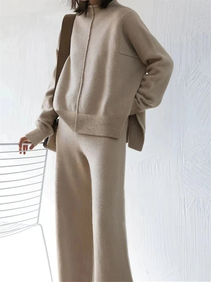 Damen beiges Oversize-Strick-Zweiteiler-Set mit Half-Zip Pullover und weiter Hose, lässige Loungewear