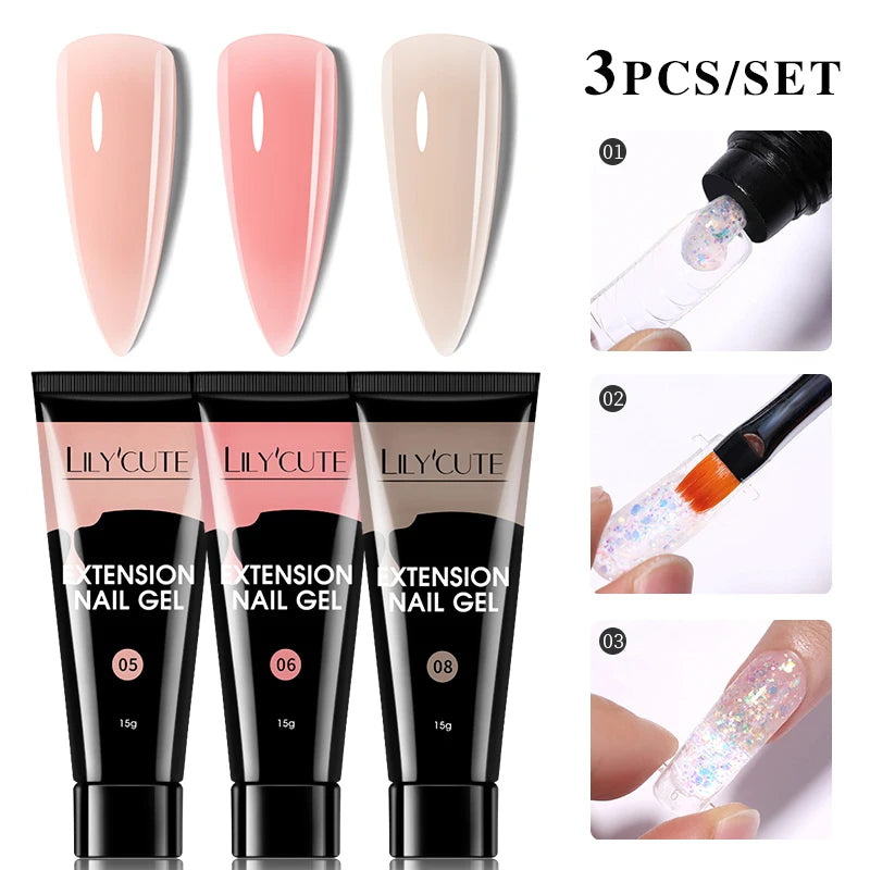 LILYCUTE 15ml Verlängerungsgel-Nagellack-Set Quick Nail Prolong mit Verlängerungsform-Nagelspitzen Acryl-Lösung Maniküre-Werkzeug-Kit