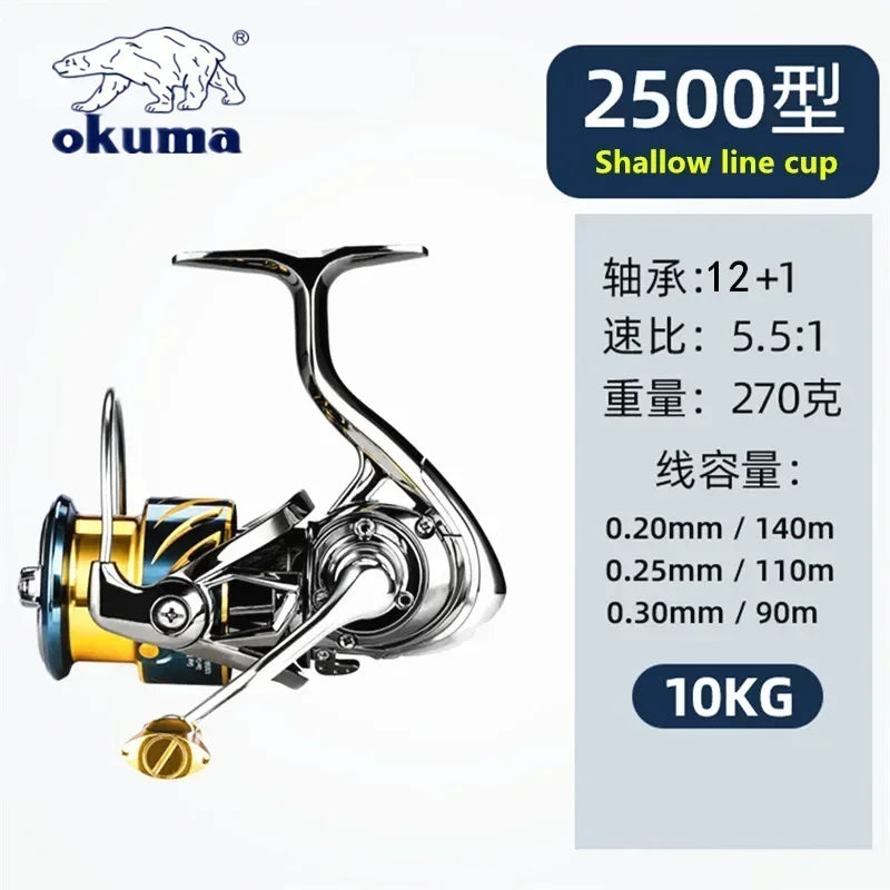 Okuma Ganzmetall-Angelrolle mit flacher Spule 15 kg Korrosionsschutz Salzwasser Spinnrolle 1000-5000