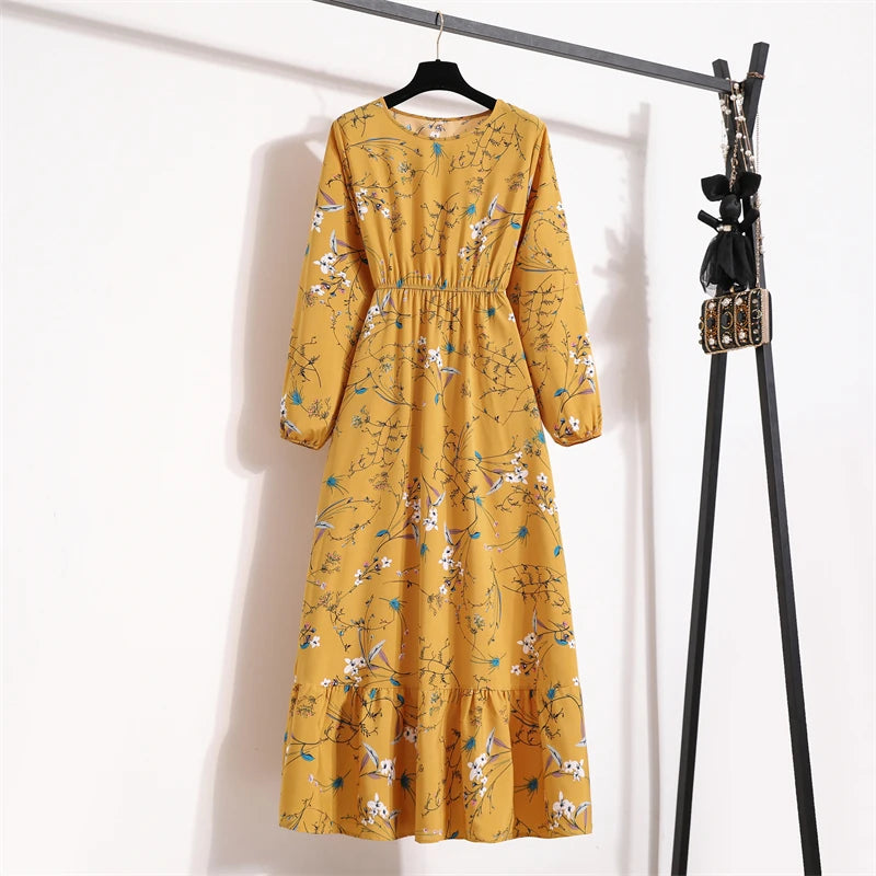 Frühling Sommer Damen Maxikleider Casual Langarm Geblümt O-Ausschnitt Damen Boho Strandparty Langes Kleid Mujer Vestidos