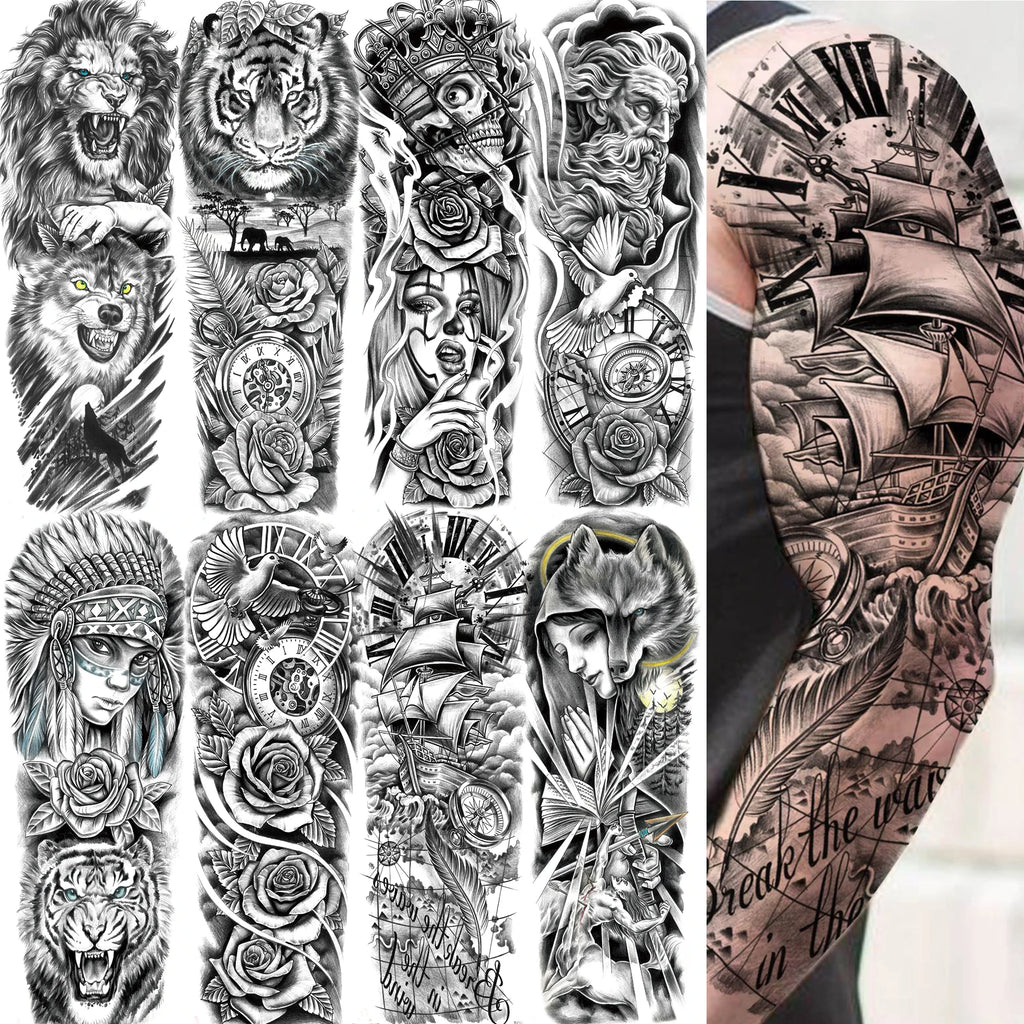 1 Sheet Full Arm Compass Zeus Skull Tiger Lion Flower Temporary Tattoos Sleeve For Men Women Adults Fake Temp Sticker Tattoo