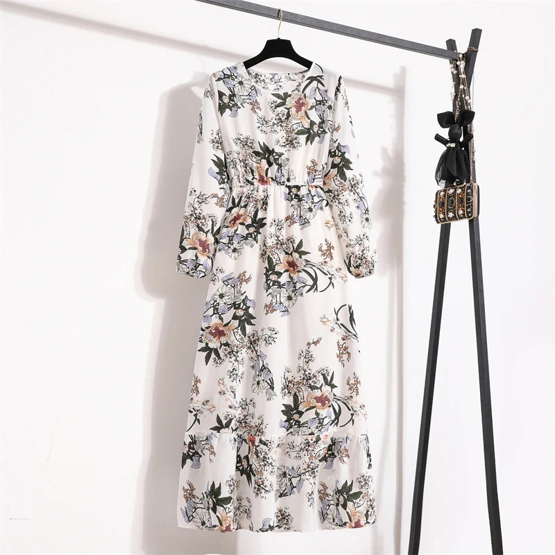 Frühling Sommer Damen Maxikleider Casual Langarm Geblümt O-Ausschnitt Damen Boho Strandparty Langes Kleid Mujer Vestidos