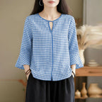 ZANZEA Damen Sommer Plaid Patchwork Bluse 3/4 Glockenärmel Cut Out Tops Lässiges lockeres Hemd Retro Chemise Damen Arbeitsblusen
