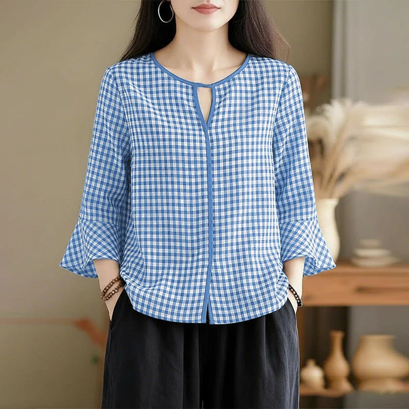 ZANZEA Damen Sommer Plaid Patchwork Bluse 3/4 Glockenärmel Cut Out Tops Lässiges lockeres Hemd Retro Chemise Damen Arbeitsblusen