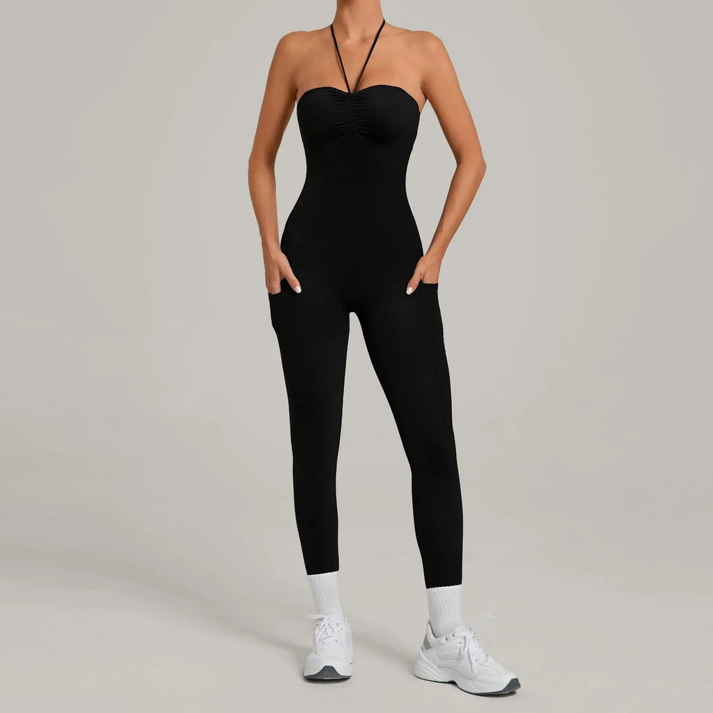 Damen Yoga Jumpsuits Sport Fitness Einteiler Schönheits-Rückengurt Tasche Hüfthebend Slim Fit Laufen Workout Training Bodysuit