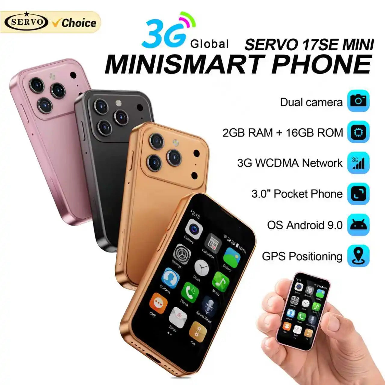 SERVO 17SE MINI 3G winziges Smartphone Android System Play Store 2GB+16GB WhatsApp GPS WiFi Dual-SIM 3.0" kleines intelligentes Handy Hauptbild