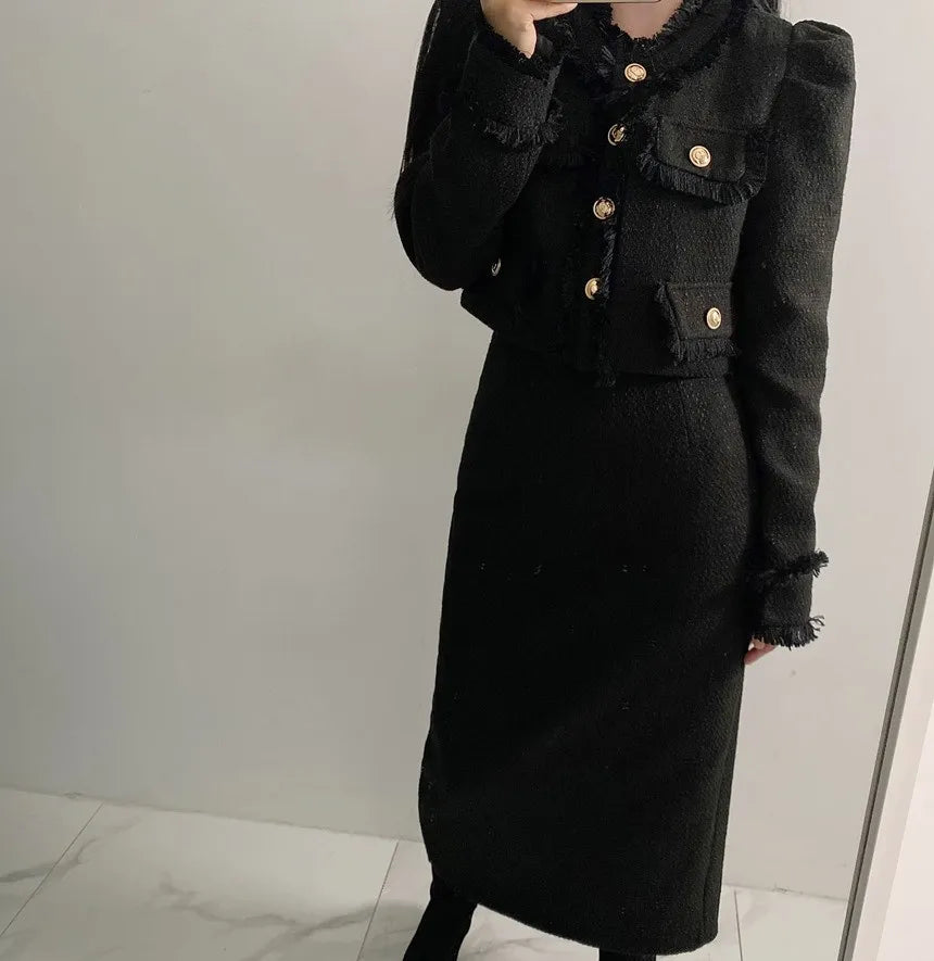 Beige Tweed Jacke + High Waisted Röcke Damen Winter Goldener Knopf 2-Teiler Woll Luxus Vintage Röcke Sets Herbst