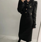 Beige Tweed Jacke + High Waisted Röcke Damen Winter Goldener Knopf 2-Teiler Woll Luxus Vintage Röcke Sets Herbst