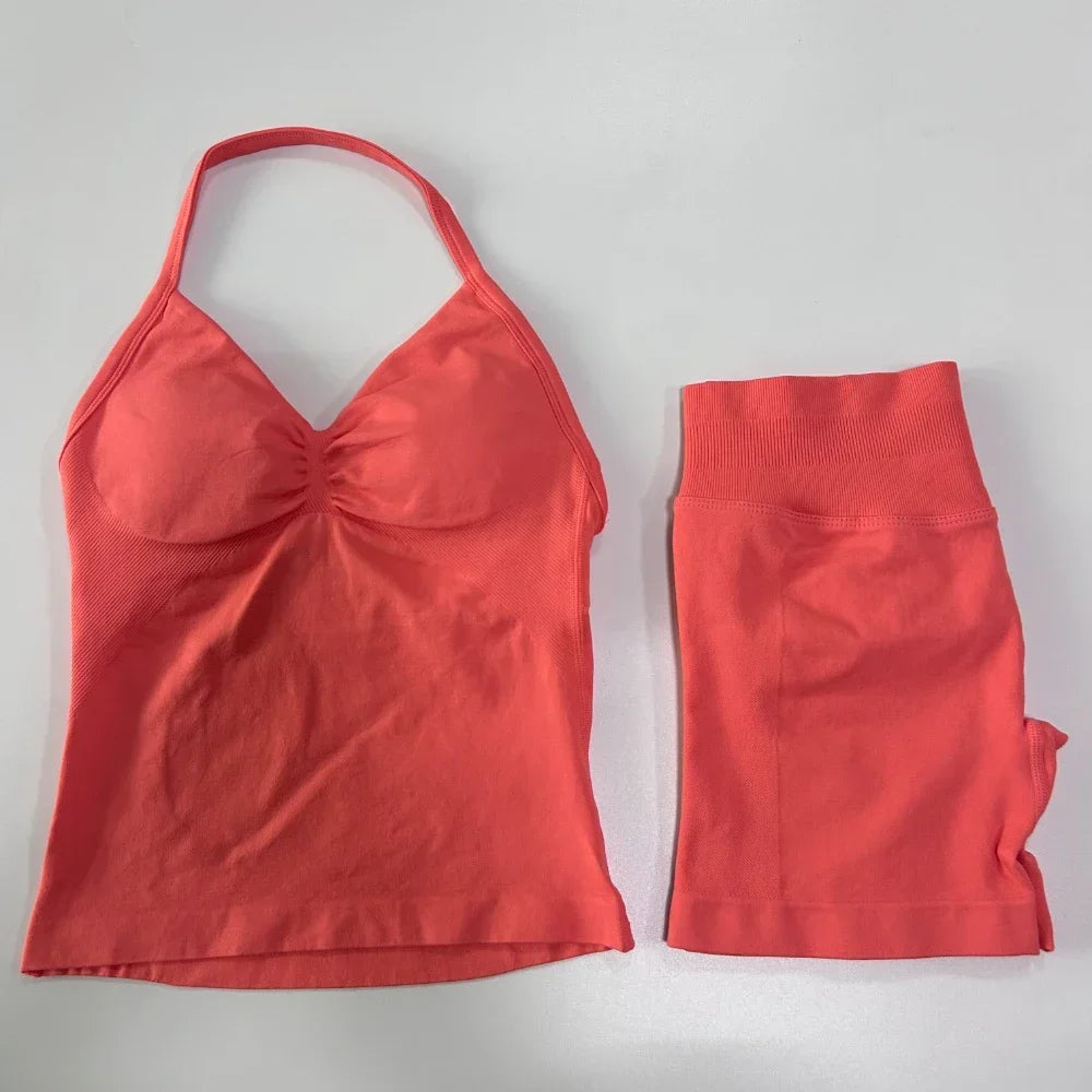 No Logo 2-teiliges Sportset Damen Rückenloses Tanktop Hohe Taille Scrunch Nahtlose Shorts Gym Set Sportbekleidung Workout Set Yoga