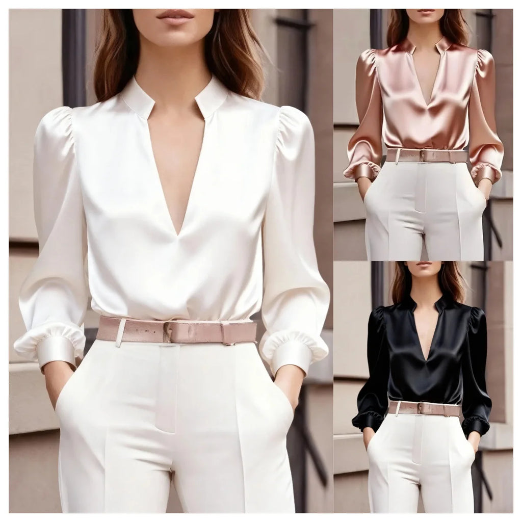 Neue Satinbluse für Damen V-Ausschnitt Langarm Französisches Oberteil Mode Pullover Weiß Einfache Büro Professionelle Damen Rosa Blusen