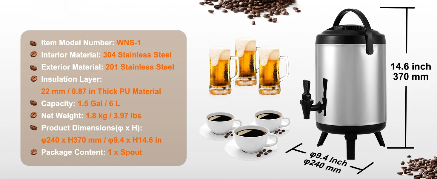 SucceBuy Edelstahl Isolierter Getränkespender 7,6 Liter Thermos-Heiß- und Kaltgetränkespender