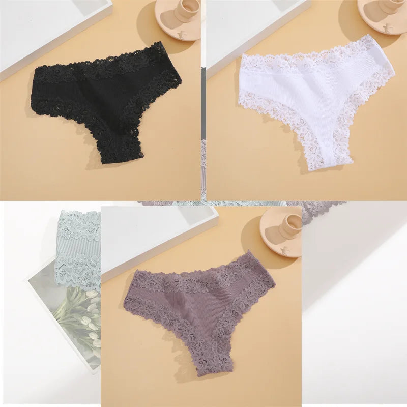 FINETOO 3er-Pack Damen Baumwollunterwäsche Slips Sexy Spitze Brasilianischer Slip Niedrige Taille Blumenmuster Einfarbig G-String Atmungsaktive Dessous