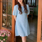 ZANZEA Sommerkleider für Damen, Lochstickerei, O-Ausschnitt, halbe Puffärmel, kontrastfarbene Borte, knielanges Kleid, lässige A-Linien-Roben