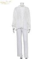 Clacive Lässiger locker sitzender Hausanzug Herbst Langarmbluse mit High-Waist-Hose Set Damen Elegantes plissiertes beiges 2-teiliges Hosenset
