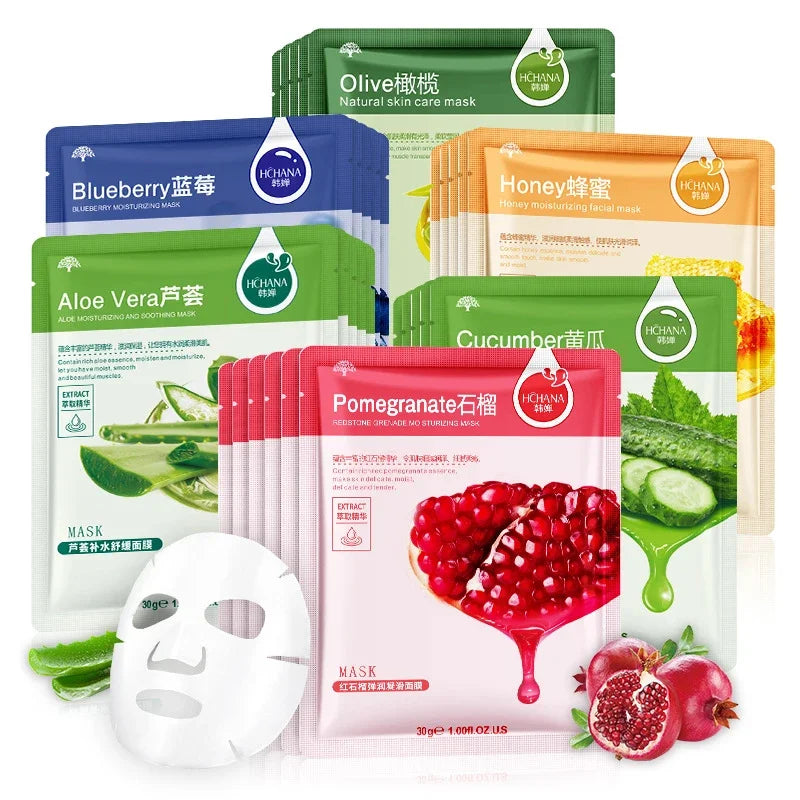 20 Stück natürliche Pflanzen-Gesichtsmaske Feuchtigkeitsspendend Öl-Kontrolle Anti-Aging Frucht Aloe Koreanische Tuchmaske Schönheit Hautpflegeprodukte
